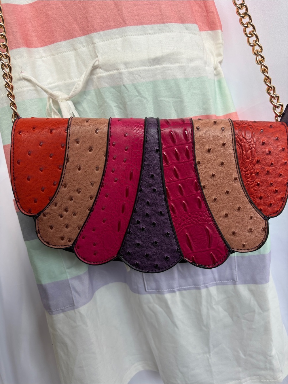 Le Meil Faux Ostrich Croc Patchwork Scalloped Bag Unique, 11x7x2